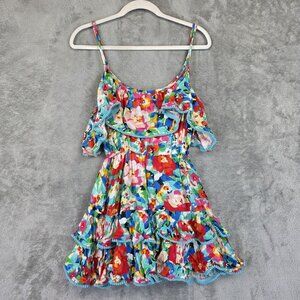 Luna Llena Dress Womens Small Multicolor Floral Ruffle Tiered Mini Sundress
